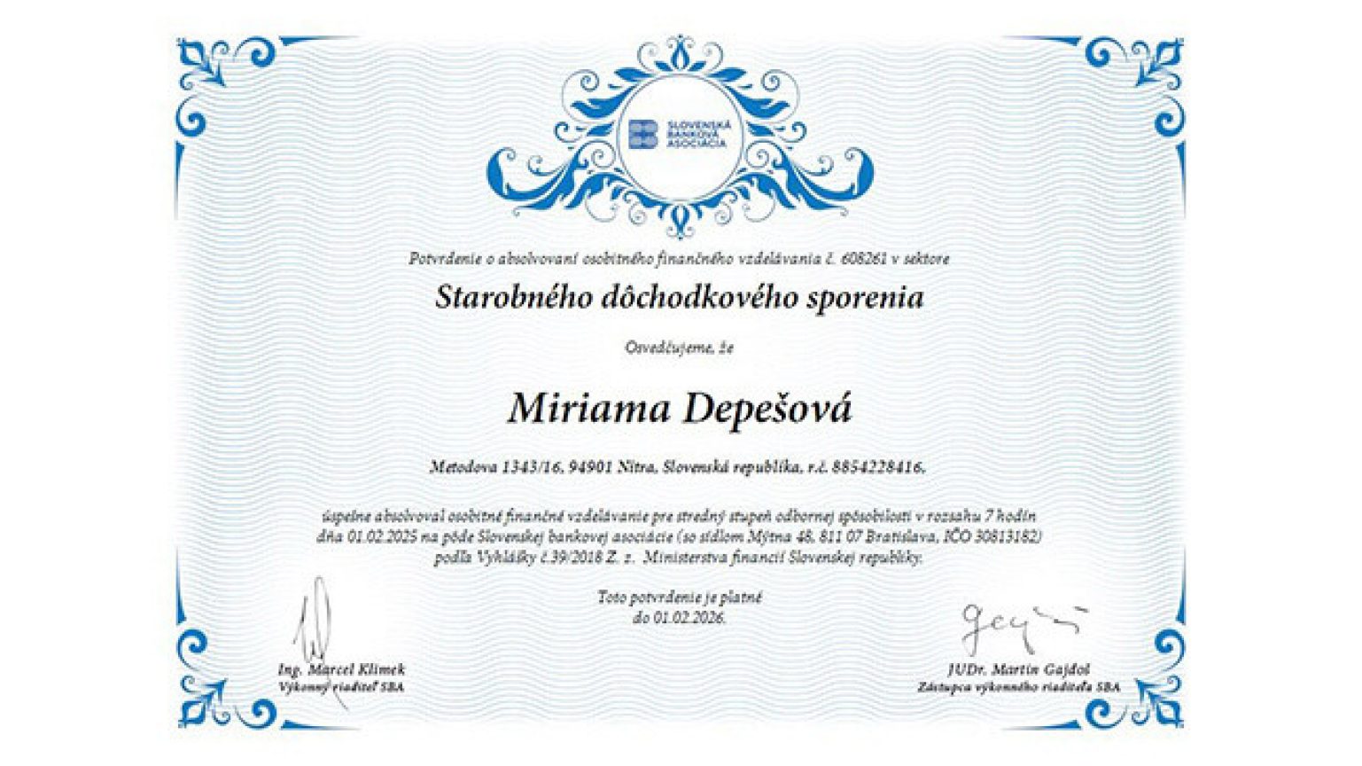 Potvrdenie o vykonaní osobitného finančného vzdelávanie v sektore Starobného dôchodkového sporenia