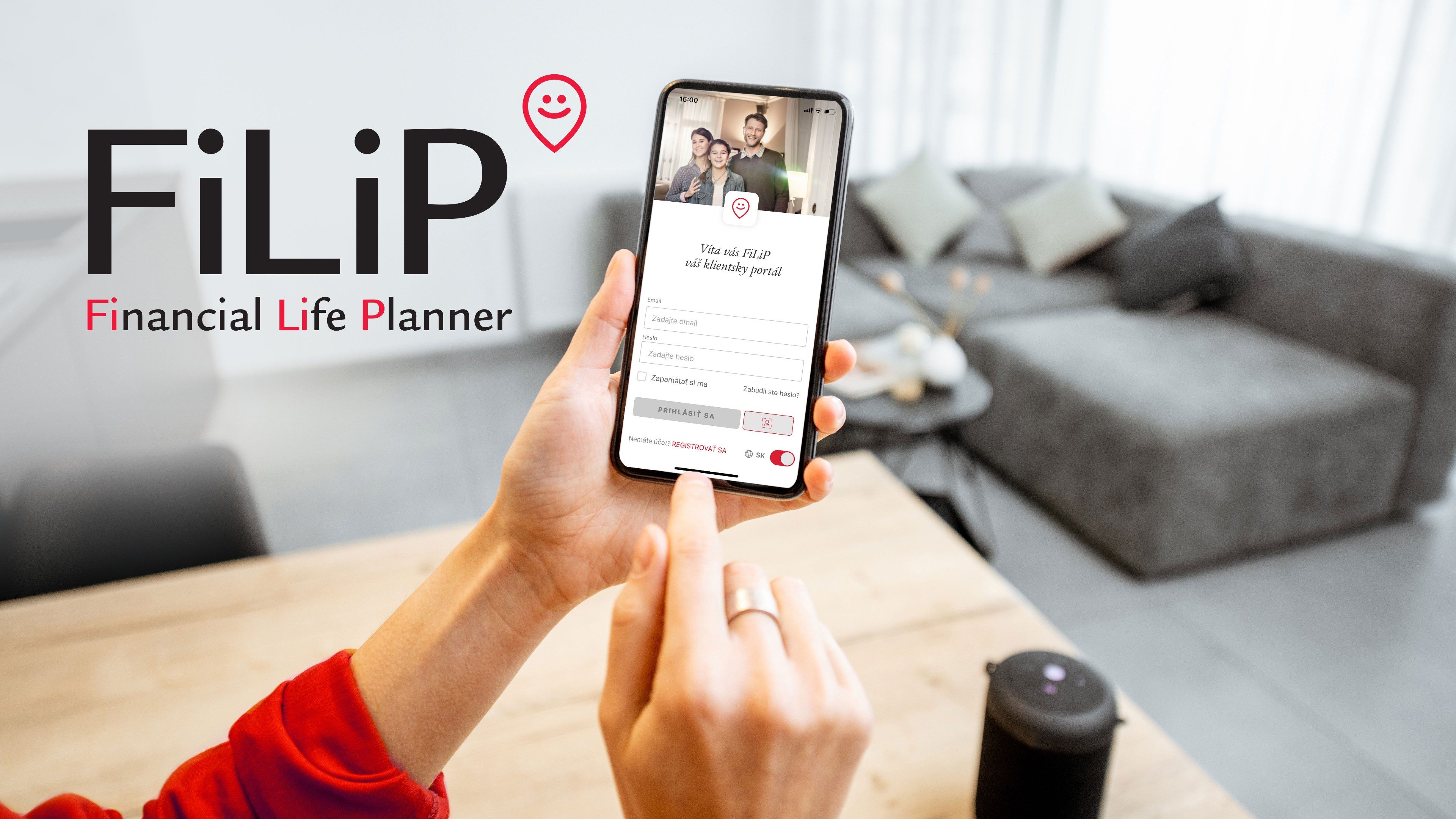 Screenshot telefónu s otvorenou mobilnou aplikáciou klientskeho portálu FiLiP.
