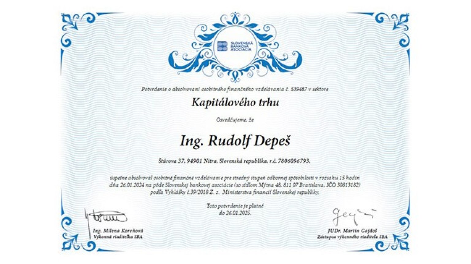 Kapitálový trh - certifikát o absolvovaní osobitného finančného vzdelávania