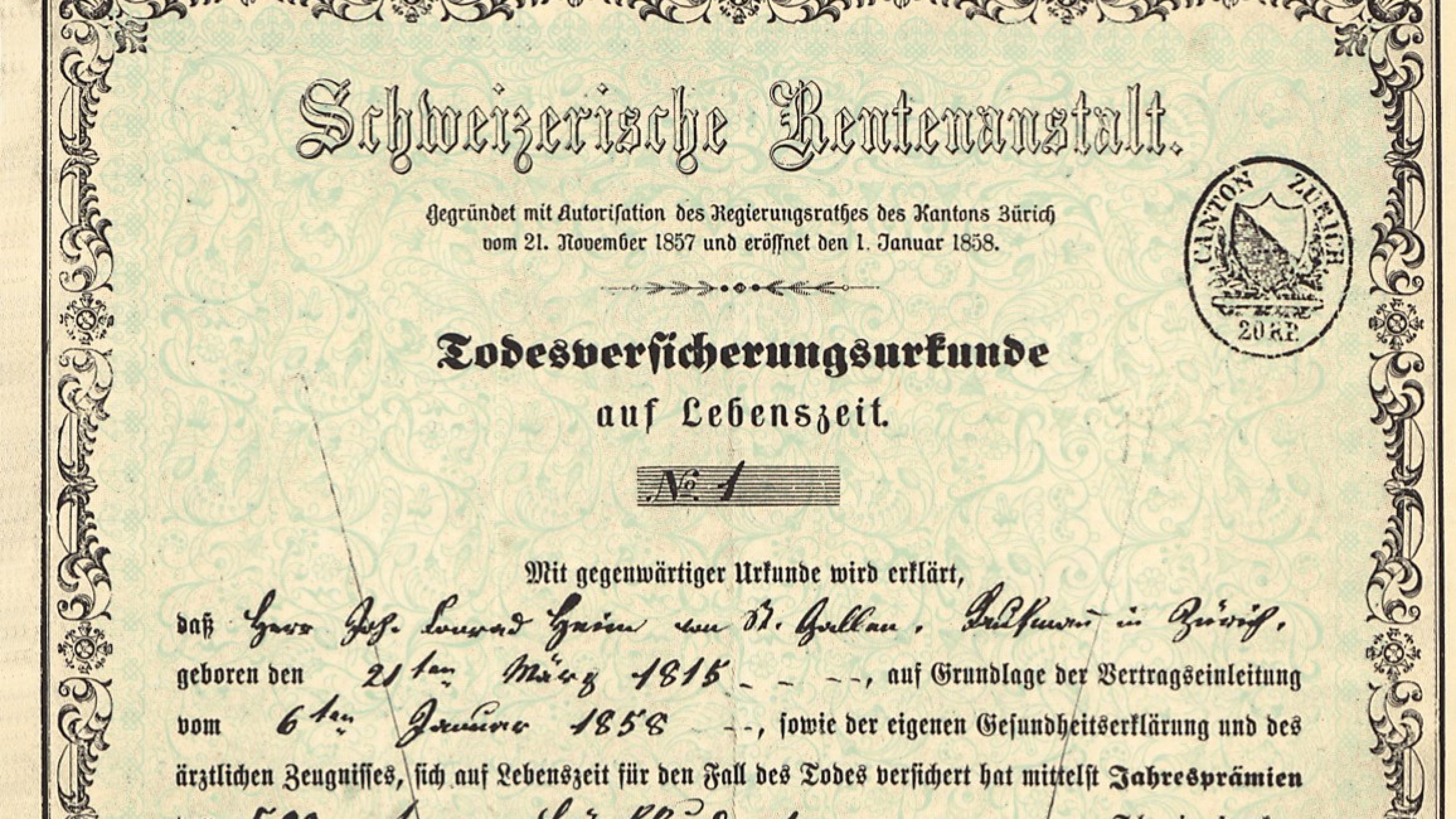 Fotografia akcie (cenného papiera) Schweizerische Rentenanstalt z roku 1857.