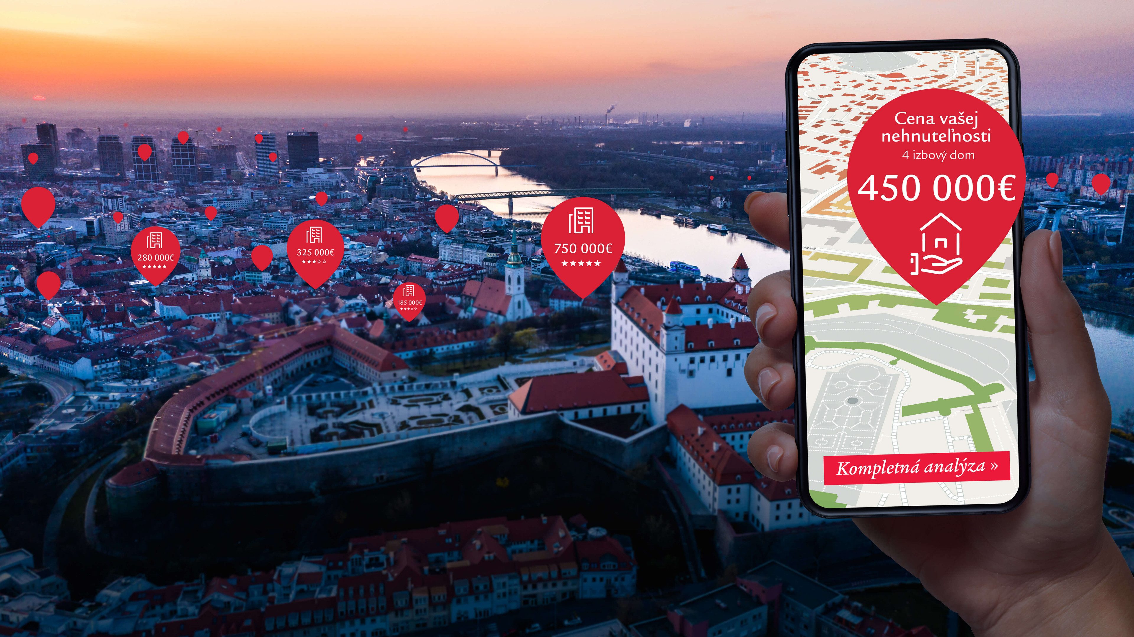 Obrázok bratislavského "Down-Town-u" s bublinkami rôznych cien nehnuteľností a s mobilom s mapou a veľkou bublinkou